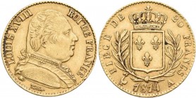 Frankreich: Louis XVIII. / Erste Restauration 1814-1815: 20 Francs 1814 A, KM# 706.1, Friedberg 525. 6,44 g, 900/1000 Gold, sehr schön.
 [plus 0 % VA...