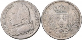 Frankreich: Louis XVIII. 1814,1815-1824: 5 Francs 1814 Q, Perpignan, Gadoury 591, KM 702.11, 24,72 g, sehr schön,
 [taxed under margin system]