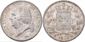 Frankreich: Louis XVIII. 1814,1815-1824: 5 Francs 1824 W, Lille, Gadoury 614, KM 711.13, winz. Kratzer, fast vorzüglich.
 [taxed under margin system]...