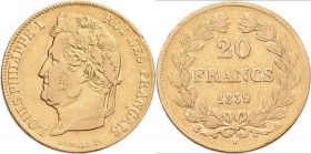 Frankreich: Louis Philippe I. 1830-1848: 20 Francs 1839 A, KM # 750.1, Friedberg 560. 6,45 g, 900/1000 Gold. Randfehler, Schön - sehr schön.
 [plus 0...