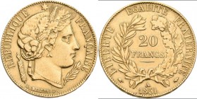 Frankreich: 2. Republik 1848-1852: 20 Francs 1851 A, KM# 762, Friedberg 566. 6,42 g, 900/1000 Gold, sehr schön.
 [plus 0 % VAT]
