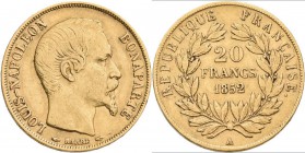 Frankreich: 2. Republik 1848-1852: Louis-Napoleon Bonaparte, 20 Francs 1852 A, KM# 774, Friedberg 568. 6,38 g, 900/1000 Gold, sehr schön.
 [plus 0 % ...