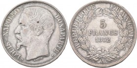 Frankreich: 2. Republik 1848-1852: Louis-Napoleon Bonaparte, 5 Francs 1852 A, Gadoury 726, 24,75 g, sehr schön.
 [taxed under margin system]