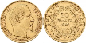 Frankreich: Napoleon III. 1852-1870: 20 Francs 1857 A, KM# 781.1, Friedberg 573. 6,40 g, 900/1000 Gold. Kratzer, sehr schön.
 [plus 0 % VAT]