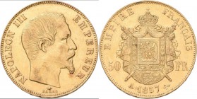 Frankreich: Napoleon III. 1852-1870: 50 Francs 1857 A. Friedberg 571, Gadoury 1111. 16,13 g, 900/1000 Gold. Kleiner Randfehler, Kratzer, sehr schön.
...