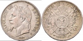 Frankreich: Napoleon III. 1852-1870: 5 Francs 1867 A, Paris, Gadoury 739, Davenport 96, 24,73 g, sehr schön.
 [taxed under margin system]