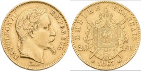 Frankreich: Napoleon III. 1852-1870: 20 Francs 1867 BB (Strassburg), KM# 801.2, Friedberg 585. 6,40 g, 900/1000 Gold, sehr schön.
 [plus 0 % VAT]