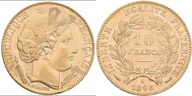 Frankreich: 3. Republik 1871-1940: 10 Francs 1896 A, Friedberg 594, 3,21 g, 900/1000 Gold, vorzüglich.
 [plus 0 % VAT]