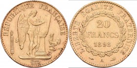 Frankreich: 3. Republik 1871-1940: 20 Francs 1898 A. Friedberg 592, Gadoury 1063. 6,42 g, 900/1000 Gold. Kratzer, sehr schön.
 [plus 0 % VAT]