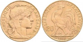 Frankreich: 3. Republik 1871-1940: 20 Francs 1910 (Hahn / Marianne). KM# 857, Friedberg 596a. 6,58 g, 900/1000 Gold. Vorzüglich.
 [plus 0 % VAT]