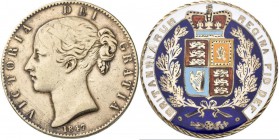 Großbritannien: Victoria 1837-1901: Crown 1847, Rückseite emailliert, vgl. Davenport 1065 25,75 g, 2 Stiftlöcher im Rand (6h + 12 h), sehr schön/vorzü...