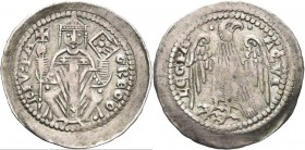Italien: Aquileja (Patriarchat) Gregorio di Montelongo 1251-1269: Denar o.J. (um 1269). GREGO RIV PA, Bischof mit Kreuzstab sitzend // LEGIA AQVI, Adl...