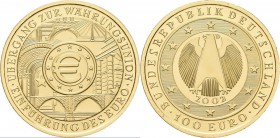 Deutschland: 100 Euro 2002 Währungsunion (D), in Originalkapsel, Jaeger 493, Gold 999/1000, 15,55 g, Stempelglanz.
 [plus 0 % VAT]