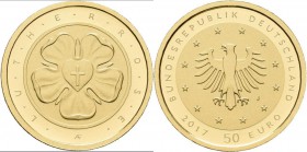Deutschland: 50 Euro 2017 Lutherrose (J - Hamburg), in Originalkapsel und Etui, mit Zertifikat, Jaeger 618. 7,78 g, (1/4 OZ) 999/1000 Gold. Weiße Umhü...