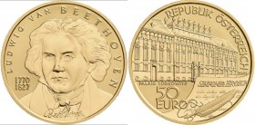 Österreich: 50 Euro 2005 Grosse Komponisten - Ludwig van Beethoven. KM# 3118, Friedberg 943. In Kapsel, Schatulle, Zertifikat und Umkarton. 10,14 g, 9...
