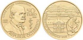 Österreich: 50 Euro 2008 Grosse Mediziner: Ignaz Philipp Semmelweis, KM# 3153, Friedberg 949. In Kapsel, Schatulle, Zertifikat und Umkarton. 10,14 g, ...