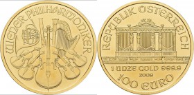 Österreich: 100 Euro 2009 Wiener Philharmoniker. KM# 3095, Friedberg B5. 31,11 g (1 OZ), 999/1000 Gold. Stempelglanz.
 [plus 0 % VAT]