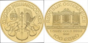 Österreich: 100 Euro 2010 Wiener Philharmoniker. KM# 3095, Friedberg B5. 31,11 g (1 OZ), 999/1000 Gold. Stempelglanz.
 [plus 0 % VAT]