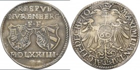 Altdeutschland und RDR bis 1800: Nürnberg: Guldentaler zu 60 Kreuzer 1574, mit Titel Maximilian II., vgl. Davenport 82, vgl. Kellner 142, vgl. Slg. Er...