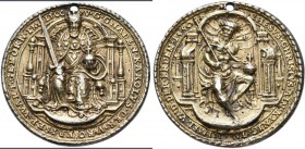 Haus Habsburg: Karl V. 1519-1558: Altvergoldete Silbermedaille 1550 unsigniert, von Concz Welcz (Konrad Wels aus Joachimsthal, Böhmen). Thronender Kai...