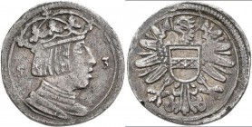 Haus Habsburg: Ferdinand I. 1521-1564: Silberne Miniaturmedaille 1553, unsigniert. Gekröntes Brustbild mit langem Haar nach rechts / nimbierter Adler ...