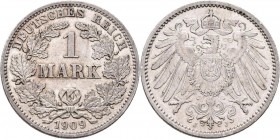 Umlaufmünzen 1 Pf. - 1 Mark: 1 Mark 1909 komplette Serie A, D, E, G, J. Jaeger 17, Der Buchstabe J ist mit einer sehr geringer Auflage von nur 53.000 ...