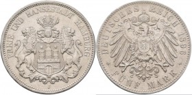 Hamburg: Freie und Hansestadt: 5 Mark 1896 J, Jaeger 65, seltenster Jahrgang, Auflage nur 16T. Sehr schön.
 [taxed under margin system]