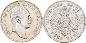 Sachsen: Friedrich August III. 1904-1918: 5 Mark 1907 E, Jaeger 136, Kratzer, sehr schön.
 [taxed under margin system]