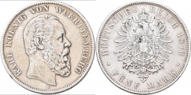 Württemberg: Karl 1864-1891: 5 Mark 1876 F, Jaeger 173, schön - sehr schön.
 [taxed under margin system]