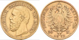 Baden: Friedrich I. 1852-1907: 20 Mark 1872 G, Jaeger 184. 7,89 g, 900/1000 Gold. Sehr schön.
 [plus 0 % VAT]