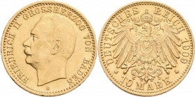 Baden: Friedrich II. 1907-1918: 10 Mark 1909 G, Jaeger 191. 3,98 g, 900/1000 Gold, kleine Kratzer, sehr schön-vorzüglich.
 [taxed under margin system...