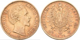 Bayern: Ludwig II. 1864-1886: 20 Mark 1873 D, Jaeger 194. 7,92 g, 900/1000 Gold, Kratzer, sehr schön/schön.
 [plus 0 % VAT]
