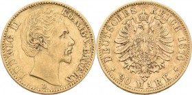 Bayern: Ludwig II. 1864-1886: 20 Mark 1874 D, Jaeger 197. 7,86 g, 900/1000 Gold, sehr schön.
 [plus 0 % VAT]