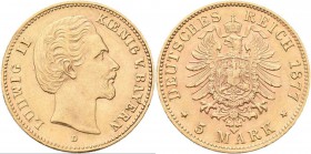 Bayern: Ludwig II. 1864-1886: 5 Mark 1877 D, Jaeger 195. 1,99 g, 900/1000 Gold,sehr schön-vorzüglich.
 [taxed under margin system]