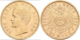 Bayern: Otto 1886-1913: 20 Mark 1900 D, Jaeger 200. 7,95 g, 900/1000 Gold, Kratzer, sehr schön.
 [plus 0 % VAT]