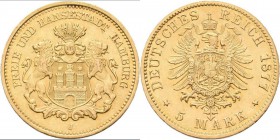 Hamburg: Freie und Hansestadt: 5 Mark 1877 J, Jaeger 208. 1,98 g, 900/1000 Gold, winz. Kratzer, vorzüglich.
 [taxed under margin system]
