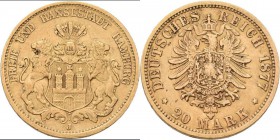 Hamburg: Freie und Hansestadt: 20 Mark 1877 J, Jaeger 210. 7,92 g, 900/1000 Gold, sehr schön.
 [plus 0 % VAT]