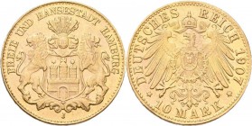 Hamburg: Freie und Hansestadt: 10 Mark 1903 J, Jaeger 211. 3,94 g, 900/1000 Gold, sehr schön.
 [plus 0 % VAT]