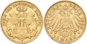 Hamburg: Freie und Hansestadt: 10 Mark 1903 J, Jaeger 211. 3,97 g, 900/1000 Gold, sehr schön -vorzüglich.
 [plus 0 % VAT]