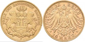Hamburg: Freie und Hansestadt: 10 Mark 1910 J, Jaeger 211. 3,97 g, 900/1000 Gold, winziger Randfehler, sehr schön - vorzüglich.
 [plus 0 % VAT]