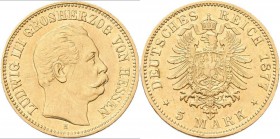 Hessen: Ludwig III. 1848-1877: 5 Mark 1877, Jaeger 215. 1,98 g, 900/1000 Gold, Kratzer, sehr schön.
 [taxed under margin system]