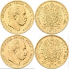 Preußen: Lot 2 Goldmünzen: Wilhelm I. 1861-1888: 10 Mark 1872 A + 1873 A, Jaeger 242. Jede Münze wiegt 3,98 g, 900/1000 Gold. Vorzüglich.
 [plus 0 % ...