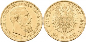 Preußen: Friedrich III. 1888: 20 Mark 1888 A, Jaeger 248. 7,94 g, 900/1000 Gold. Kratzer, sehr schön - vorzüglich.
 [plus 0 % VAT]