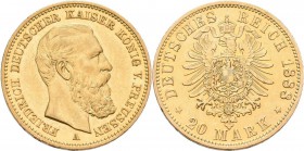 Preußen: Friedrich III. 1888: 20 Mark 1888 A, Jaeger 248. 7,94 g, 900/1000 Gold. Kratzer, sehr schön.
 [plus 0 % VAT]