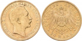 Preußen: Wilhelm II. 1888-1918: 20 Mark 1890 A, Jaeger 252. 7,92 g, 900/1000 Gold. Kratzer, Randunebenheiten, sehr schön.
 [plus 0 % VAT]