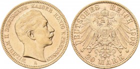 Preußen: Wilhelm II. 1888-1918: 20 Mark 1903 A, Jaeger 252. 7,95 g, 900/1000 Gold. Kratzer, sehr schön - vorzüglich.
 [plus 0 % VAT]
