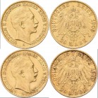 Preußen: Lot 2 Goldmünzen, Wilhelm II. 1888-1918: 20 Mark 1909 A / 1910 A, Jaeger 252. Jede Münze wiegt 7,95 g, 900/1000 Gold. Kratzer, sehr schön.
 ...