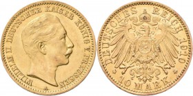 Preußen: Wilhelm II. 1888-1918: 10 Mark 1910 A, Jaeger 251. 3,98 g, 900/1000 Gold, Stempelbruch unten, wenige Kratzer, sonst sehr schön - vorzüglich....