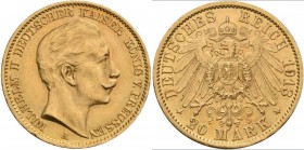 Preußen: Wilhelm II. 1888-1918: 20 Mark 1913 A, Jaeger 252. 7,95 g, 900/1000 Gold. Kratzer, sehr schön - vorzüglich.
 [plus 0 % VAT]