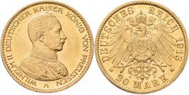 Preußen: Wilhelm II. 1888-1918: 20 Mark 1913 A, Uniform, Jaeger 253, 7,97 g, 900/1000 Gold, kleine Kratzer, sehr schön / vorzüglich.
 [plus 0 % VAT]...